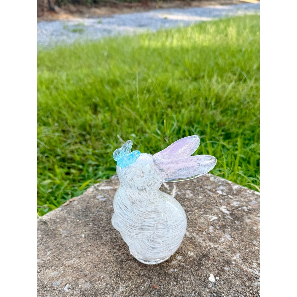 Hand Blown Art Glass Bunny Figurine White‎ Swirl Pink Ears Blue Butterfly 8.5in